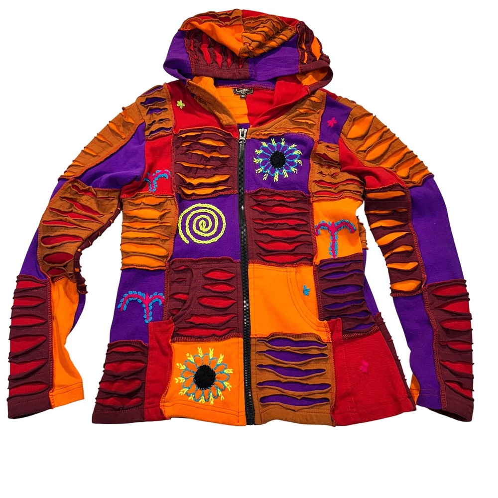 Coline Patchwork Hoodie‎ Women Medium Multicolor Boho Razor Cut Slashed Hippie